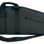 Black soft rifle case with four magazine pouches on one side, a carrying handle, and a zippered exterior pocket