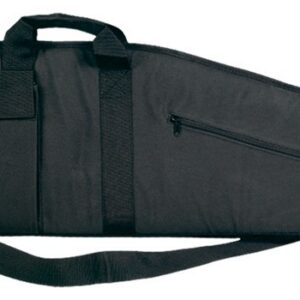 Black soft rifle case with four magazine pouches on one side, a carrying handle, and a zippered exterior pocket