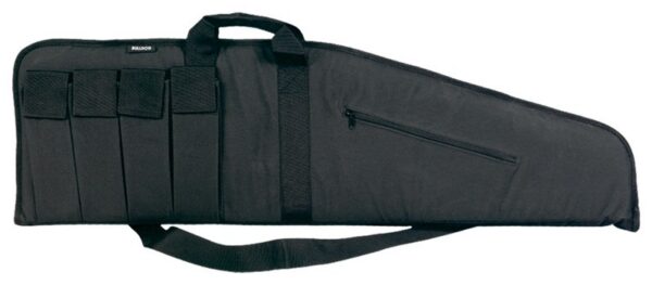 Black soft rifle case with four magazine pouches on one side, a carrying handle, and a zippered exterior pocket
