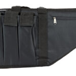 Open black roll-up tool pouch with four fabric pockets and a zippered side pocket on the right