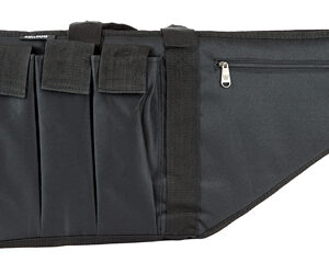Open black roll-up tool pouch with four fabric pockets and a zippered side pocket on the right