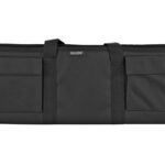 Black roll-up tool organizer with two outer pockets and central strap, ready to store hand tools
