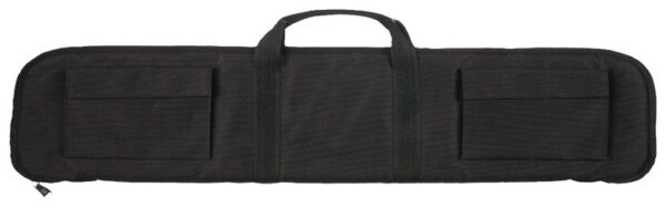 Long black padded rifle case with two external pockets and a central carry handle.