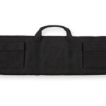 Black long rifle case with two exterior pockets and a carry handle.