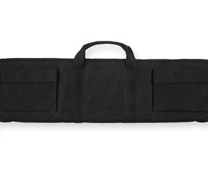 Black long rifle case with two exterior pockets and a carry handle.