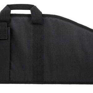 Black rifle case with three magazine pouches and a carrying handle, laid flat on white.