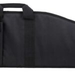 Black rifle case with three external magazine pouches and a carry handle on top-left.
