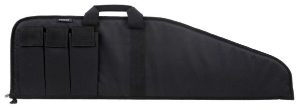 Black rifle case with three external magazine pouches and a carry handle on top-left.