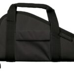 Black compact nylon carrying case with reinforced handles and a front pocket for small tools or accessories