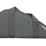Gray padded carrying case with two handles and a zipper, designed to transport a long item safely.