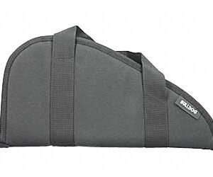 Gray padded carrying case with two handles and a zipper, designed to transport a long item safely.