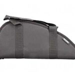 Gray soft-sided carrying case with two handles and a zipper, used to transport a curved long object.
