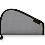 Gray zippered pouch with black trim and rounded top, on a white background.