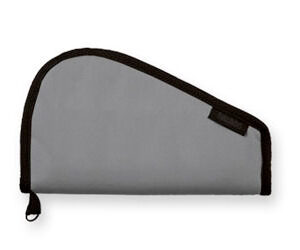Gray zippered pouch with black trim and rounded top, on a white background.