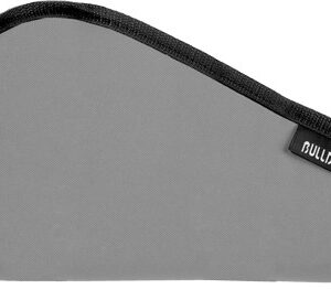 Grey curved zipper pouch with black trim and a Bulldog brand tag on the side.