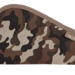 Camouflage-pattern zippered pencil case with tan zipper and a Bulldog label