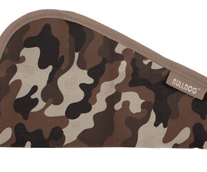 Camouflage-pattern zippered pencil case with tan zipper and a Bulldog label