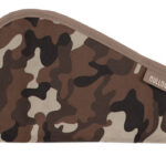 Camouflage-patterned zippered pouch with tan trim and a Bulldog label.