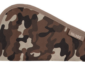 Camouflage-patterned zippered pouch with tan trim and a Bulldog label.