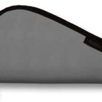 Gray zippered pencil case with black trim and pull tab on a white background.