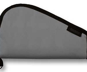 Gray zippered pencil case with black trim and pull tab on a white background.