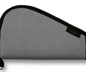 Gray zippered laptop/tablet sleeve with black trim and small pull loop at bottom corner