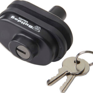 Black disc lock with two silver keys on a key ring, used to secure a bicycle or scooter
