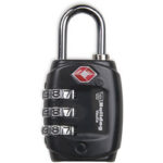 Black combination padlock with a silver U-shaped shackle and three rotating dials, used to secure luggage or a locker.