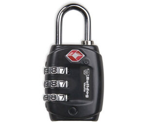 Black combination padlock with a silver U-shaped shackle and three rotating dials, used to secure luggage or a locker.