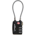 Black combination padlock with a braided steel cable for securing luggage or locker items on a white background.