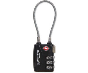 Black combination padlock with a braided steel cable for securing luggage or locker items on a white background.
