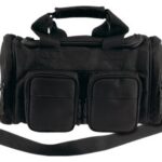Black camera bag with two front zip pockets, padding, and a detachable shoulder strap, ready for gear transport.