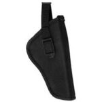 Black handgun holster with belt clip and retention strap