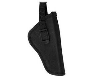 Black handgun holster with belt clip and retention strap