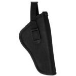Black pistol holster with belt loop and retention strap for carrying a handgun.