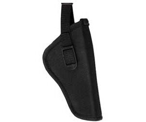 Black pistol holster with belt loop and retention strap for carrying a handgun.