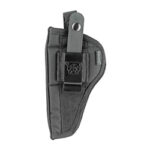 Black handgun holster with belt clip and retention strap for secure carry.