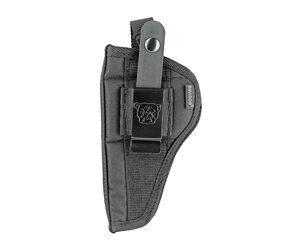 Black handgun holster with belt clip and retention strap for secure carry.