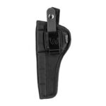Black open-top holster with a belt clip and retention strap, designed to hold a small tool or knife on a belt.