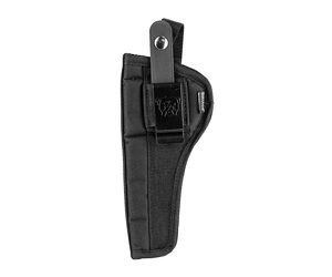 Black open-top holster with a belt clip and retention strap, designed to hold a small tool or knife on a belt.