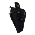 Black nylon holster with belt clip and multiple pockets, shown from the side.