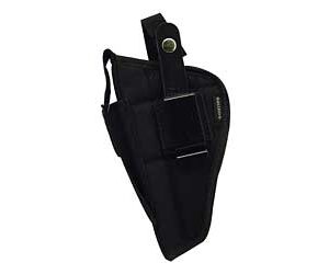 Black nylon holster with belt clip and multiple pockets, shown from the side.