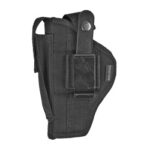Black pistol holster with belt clip and securing strap, viewed from the side
