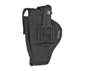 Black pistol holster with belt clip and securing strap, viewed from the side