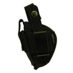 Black tactical handgun holster with retention strap and magazine pouch on a white background