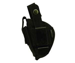 Black tactical handgun holster with retention strap and magazine pouch on a white background
