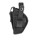 Black nylon handgun holster with retention strap and belt clip for secure carry, shown from the side edge.