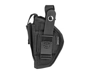 Black nylon handgun holster with retention strap and belt clip for secure carry, shown from the side edge.