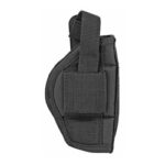 Black nylon handgun holster with belt clip and adjustable strap, shown from the side.