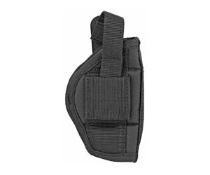 Black nylon handgun holster with belt clip and adjustable strap, shown from the side.